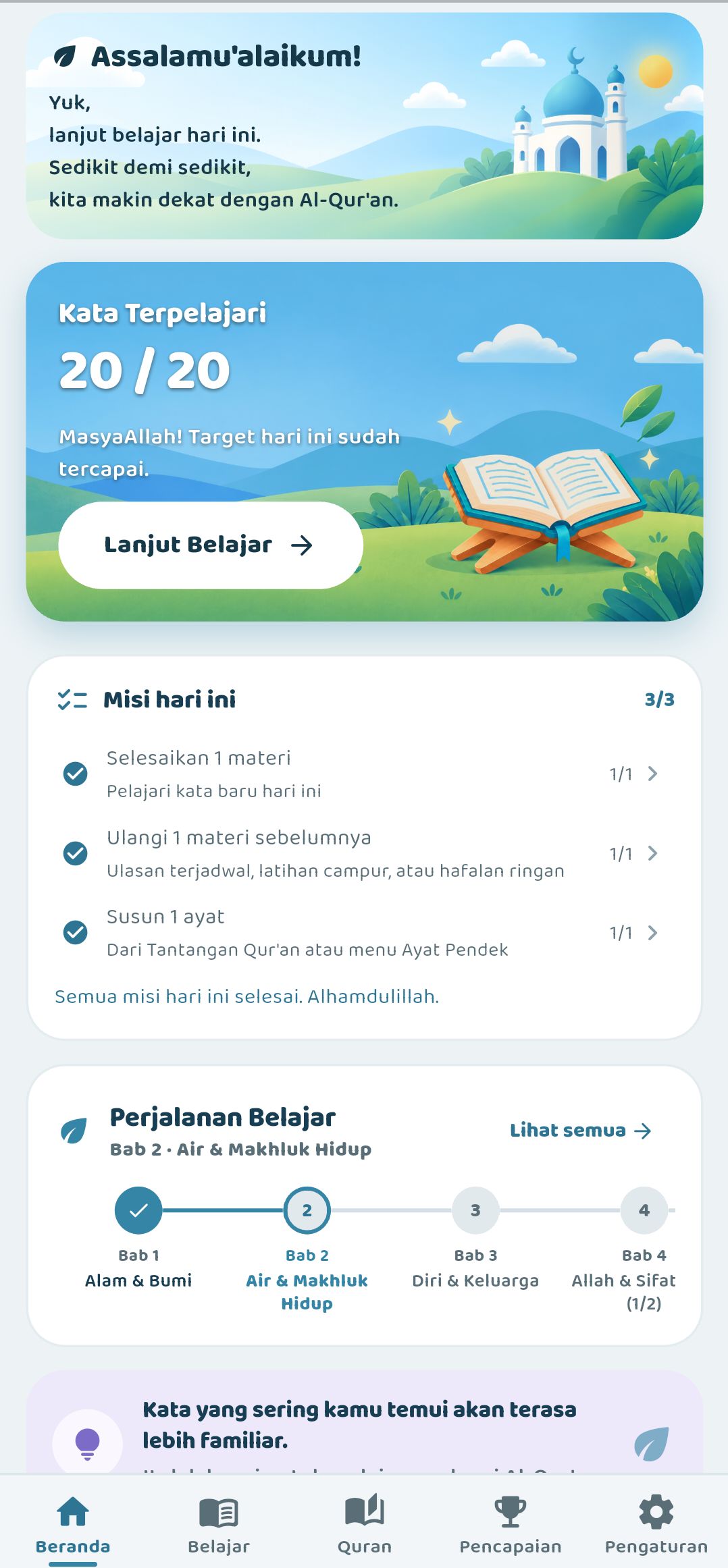 Kalimah home screen with daily mission and learned words